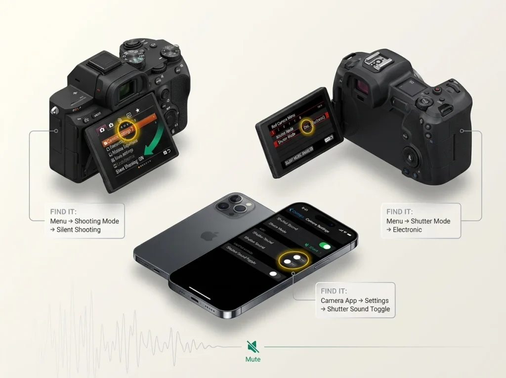Infographic UI guide showing where to find silent and electronic shutter settings on Sony, Canon, and Smartphone cameras.