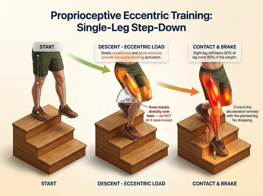Infographic sequence showing single-leg step-down training for hiking showing eccentric braking muscle load and optimal joint angles