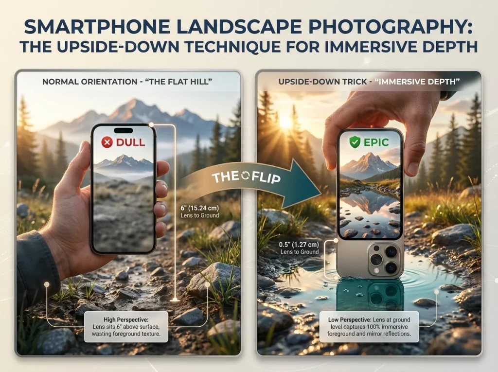 Infographic comparing normal phone photography vs the upside-down trick to capture foreground trail reflections and depth
