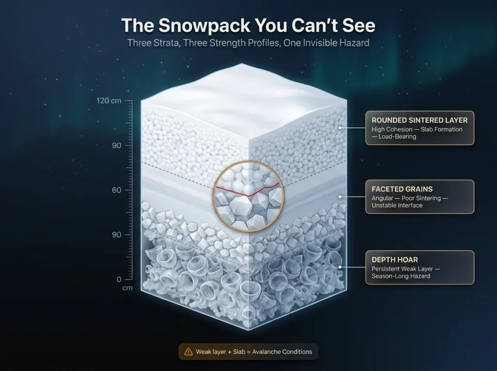 Infographic showing seasonal snowpack cross-section with depth hoar, faceted grains, and sintered layers labeled