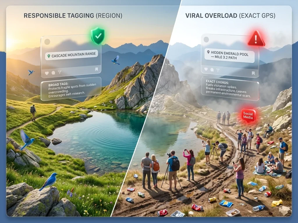 Infographic comparing the impact of using broad region tags versus exact GPS coordinates on fragile hiking trails.
