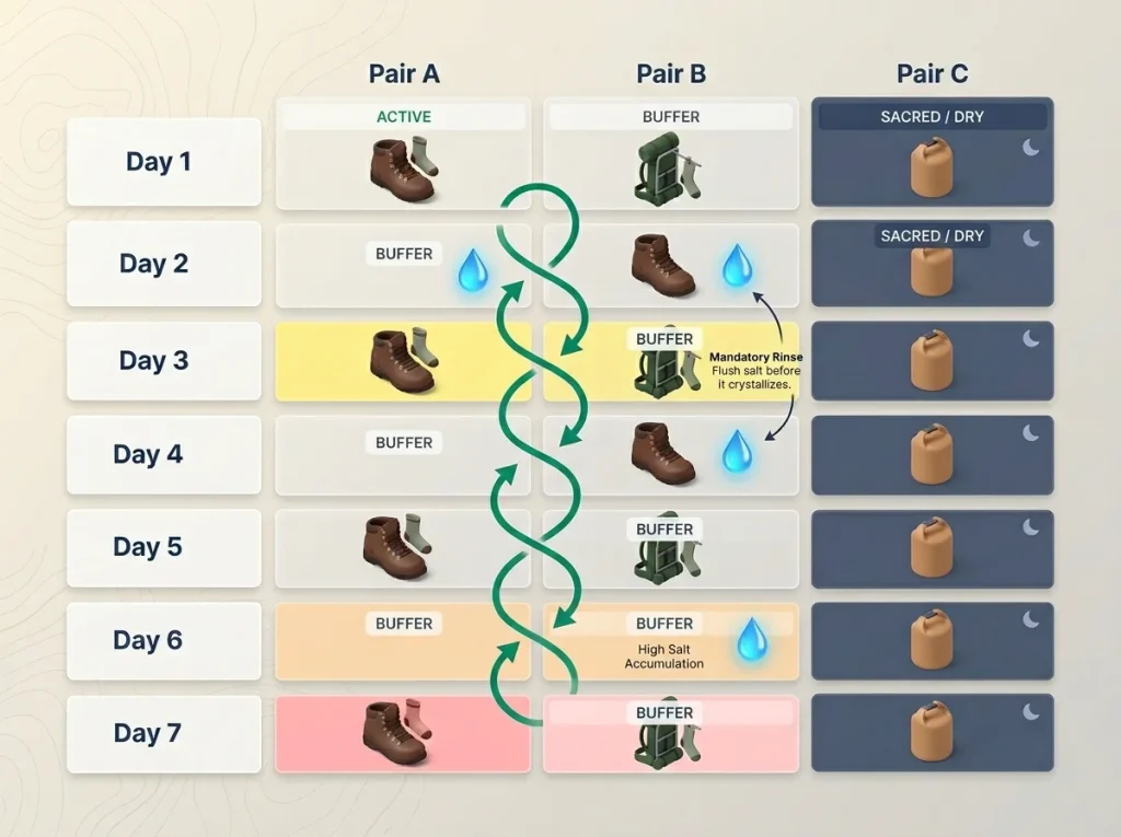 Infographic showing 7-day hiking sock rotation schedule across Active, Buffer, and Sacred pairs with rinse triggers