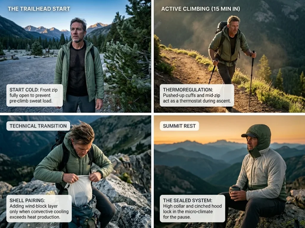 Photo sequence showing the 'start cold' layering protocol for hiking with active insulation ergonomics