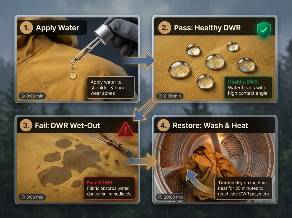 Photo sequence showing static drip test for DWR failure, healthy water beading, and rain jacket restoration in tumble dryer