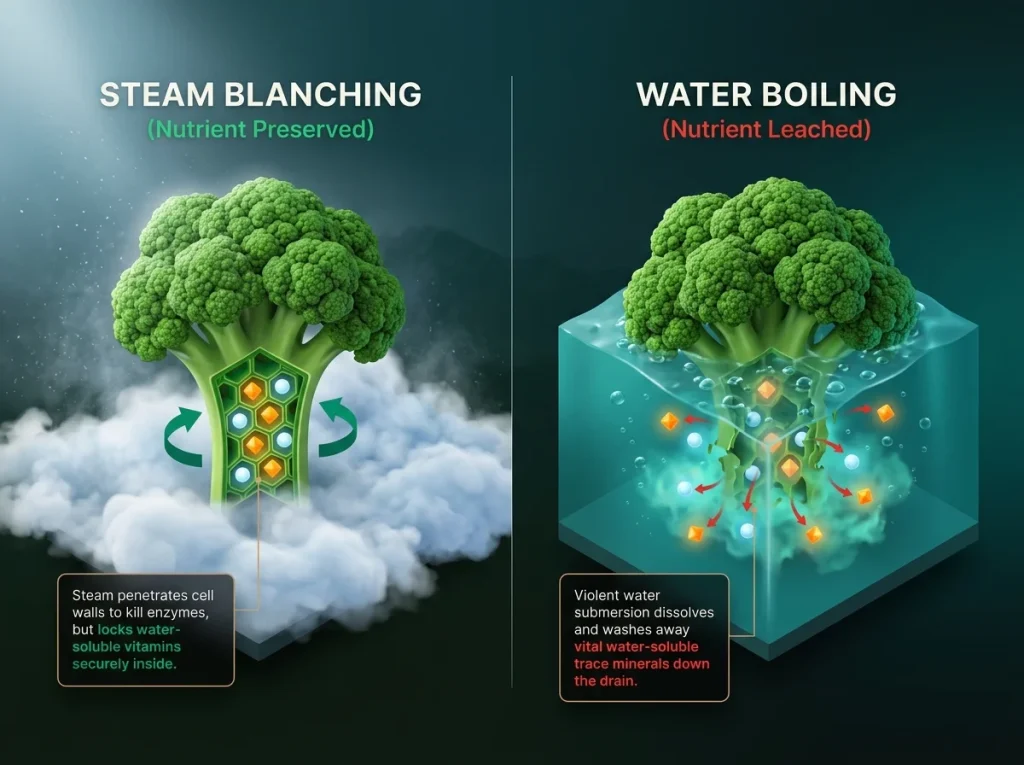 Infographic showing cellular molecular diagram of steam preserving broccoli vitamins versus boiling water leaching nutrients