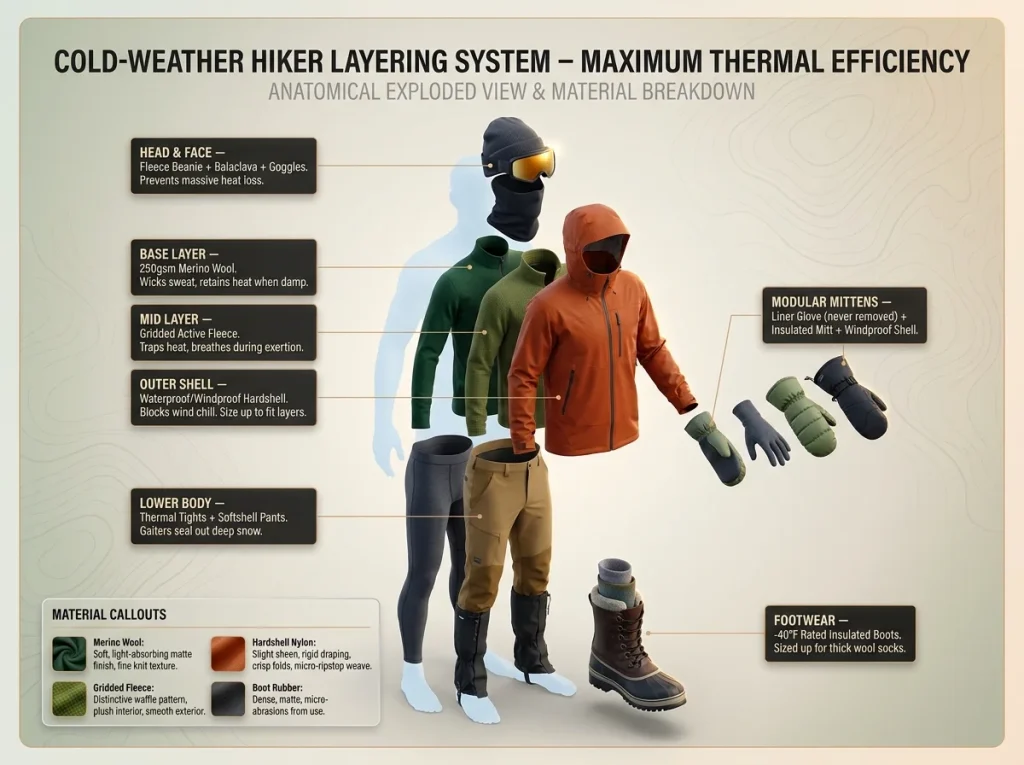 Infographic showing head-to-toe subzero hiking layering system with material types, body zones, and specific gear labels