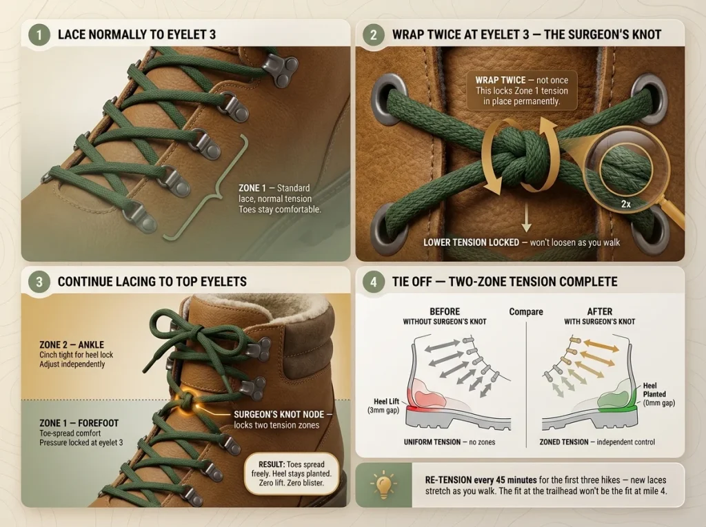 Infographic showing 4-step surgeon's knot lacing technique with close-up hand and lace detail, tension zones labeled
