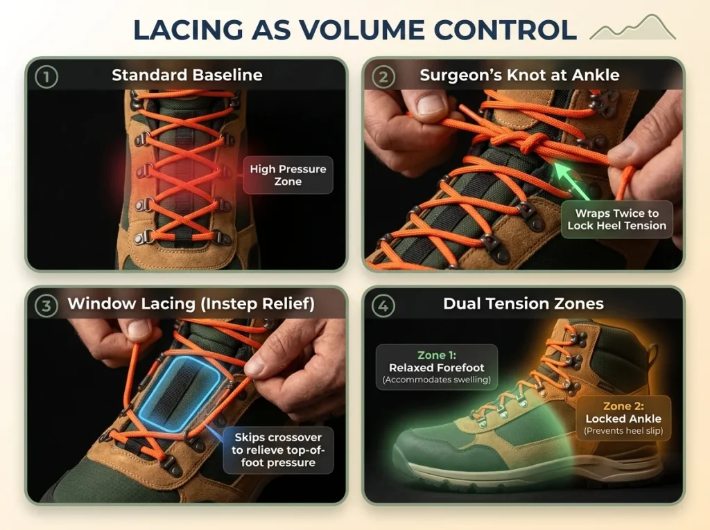 Infographic photographic sequence showing sequential hiking boot lacing techniques with Surgeon's Knot and window lacing
