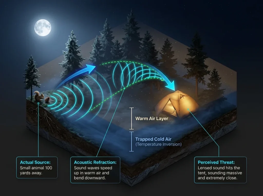 Infographic showing night temperature inversion refracting sound waves down toward a hiker's tent with labeled cold and warm air layers