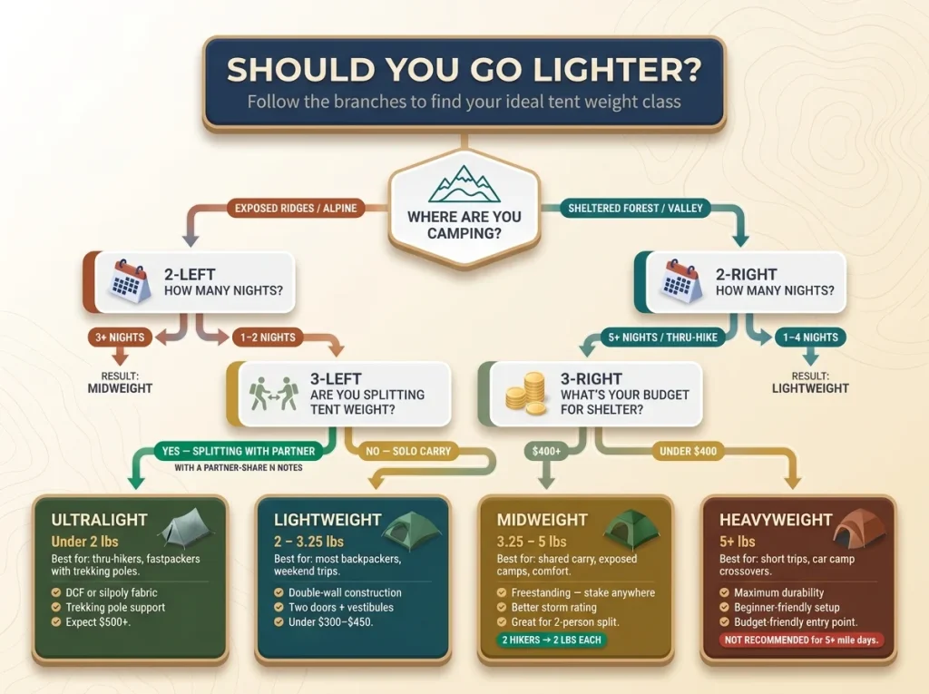 Infographic flowchart helping hikers decide tent weight category based on trail conditions, trip length, partner splitting, and budget