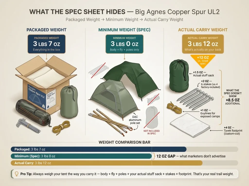 Infographic showing Big Agnes Copper Spur UL2 packaged weight vs minimum weight vs actual carry weight with labeled gap breakdown