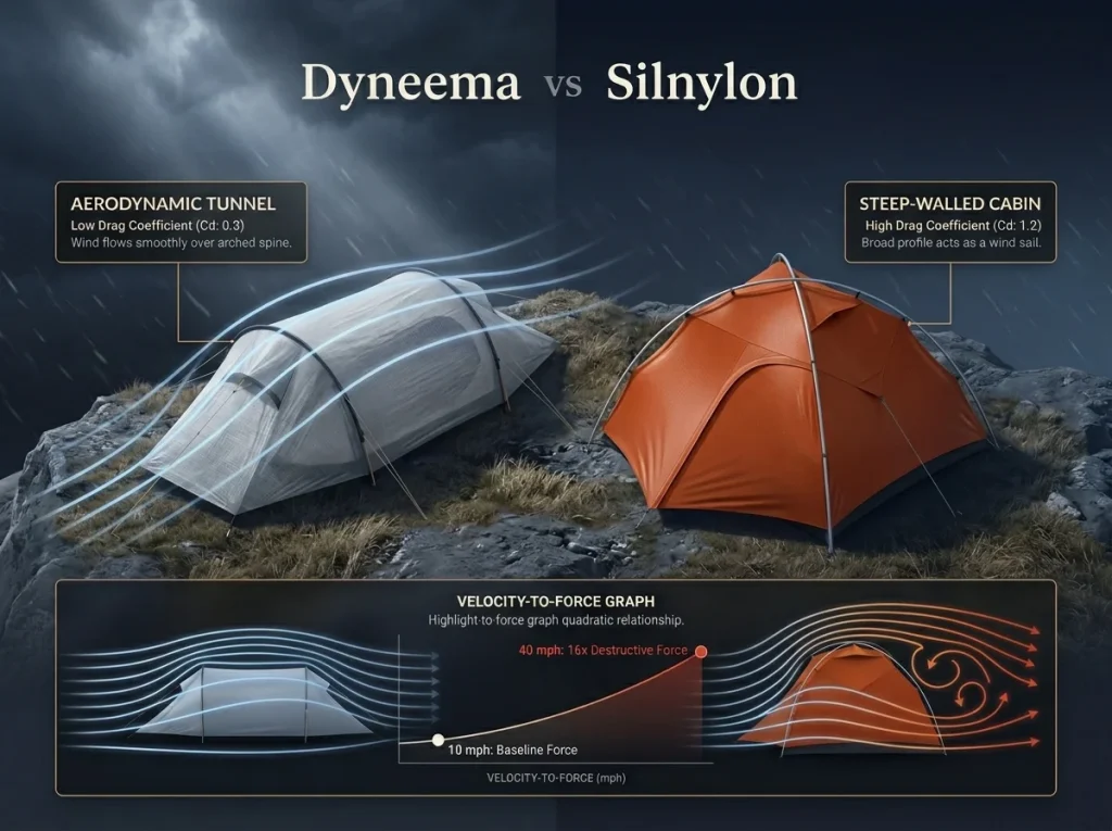 Infographic comparing aerodynamic tunnel vs cabin tent profiles with wind velocity vectors and drag coefficient numbers