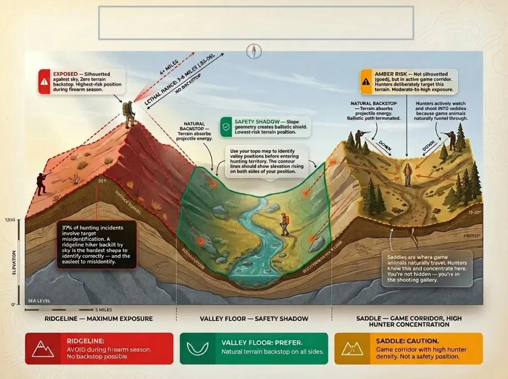 Infographic showing topographic cross-section of hiker ballistic safety with ridgeline valley and saddle zone positions