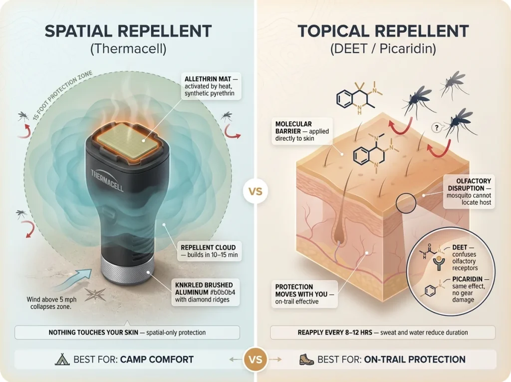 Infographic showing Thermacell allethrin cloud zone vs DEET skin barrier with labeled dispersal patterns and molecular interaction diagrams