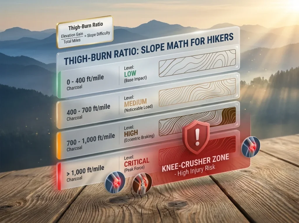 Infographic table showing hike difficulty based on feet-per-mile gain with color-coded knee-crusher zone indicators.