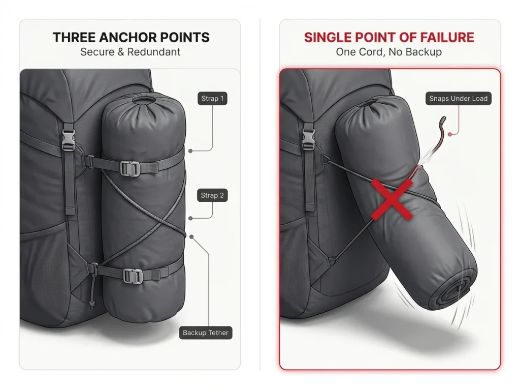Infographic comparing a properly secured three-anchor gear attachment against a single-point failure that drops gear on the trail