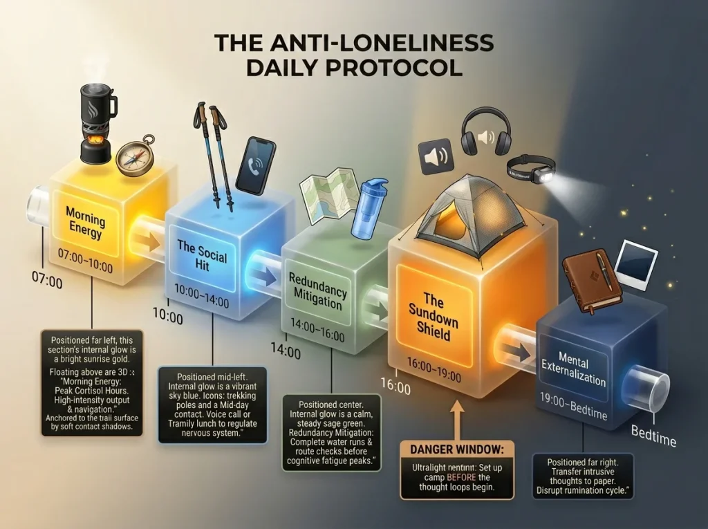Infographic showing the daily thru-hiker timeline with five color-coded blocks emphasizing the 16:00 sundown shield protocol