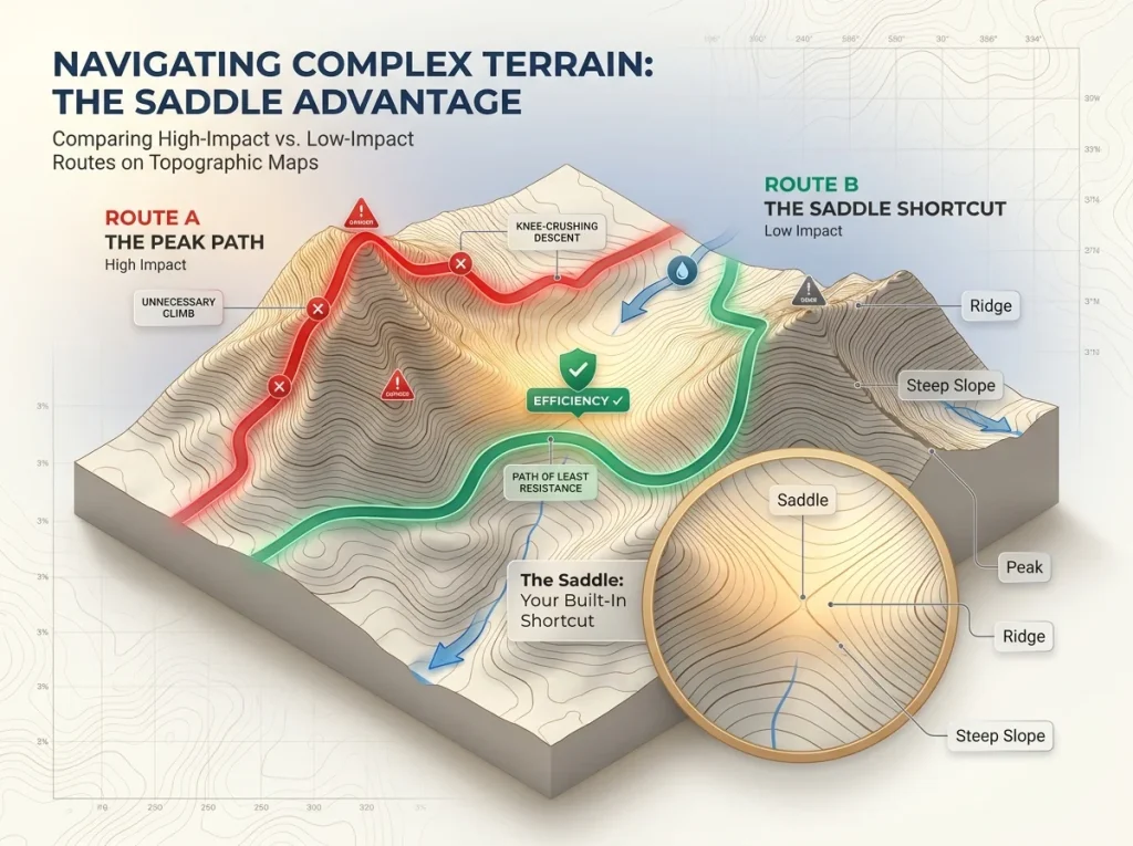 Topographic map infographic showing a mountain saddle route strategy with a red high-impact path vs green low-impact path.