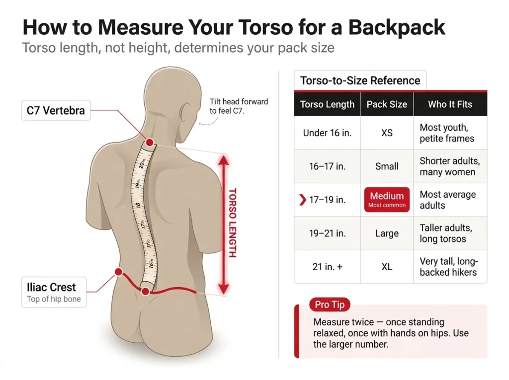 Anatomy diagram showing how to measure torso length from C7 vertebra to iliac crest with a tape measure, plus a torso-inches-to-pack-size reference table