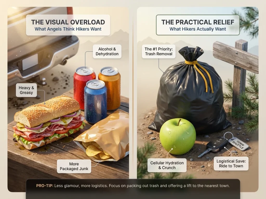 Infographic comparing 'What Angels Think Hikers Want' versus 'What Hikers Actually Want' including trash disposal and fresh fruit