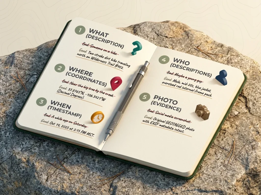 Infographic checklist for trail reporting showing What, Where, When, Who, and Photo with examples of good and bad input