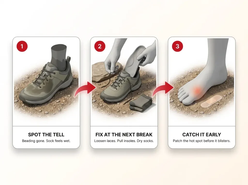 Infographic showing a three-step trailside triage sequence for spotting, fixing, and preventing wet-foot blister risk on a hike