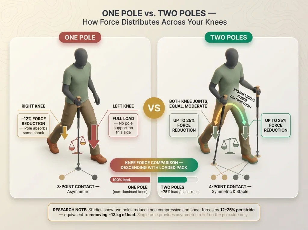 Infographic showing knee force distribution with one vs two trekking poles using body diagrams, load arrows, and 25% reduction labels