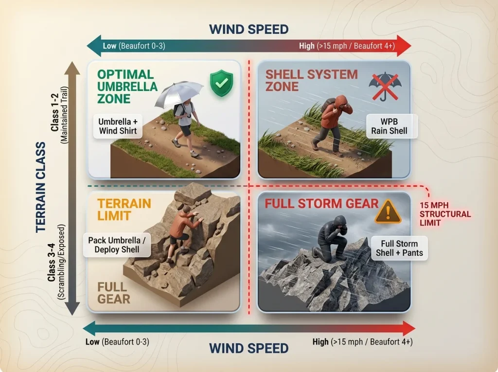 Infographic showing four quadrant safety matrix for rain gear based on wind speed and trail terrain class