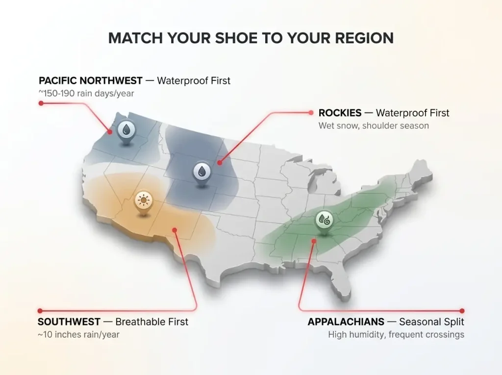 Infographic map of four US hiking regions with color-coded waterproof-vs-breathable shoe verdicts and climate data points