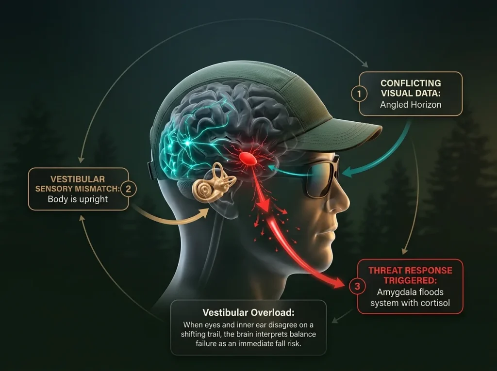 Infographic showing the vestibular-emotional loop in a hiker's brain with labeled inner ear, visual cortex, and amygdala triggering cortisol
