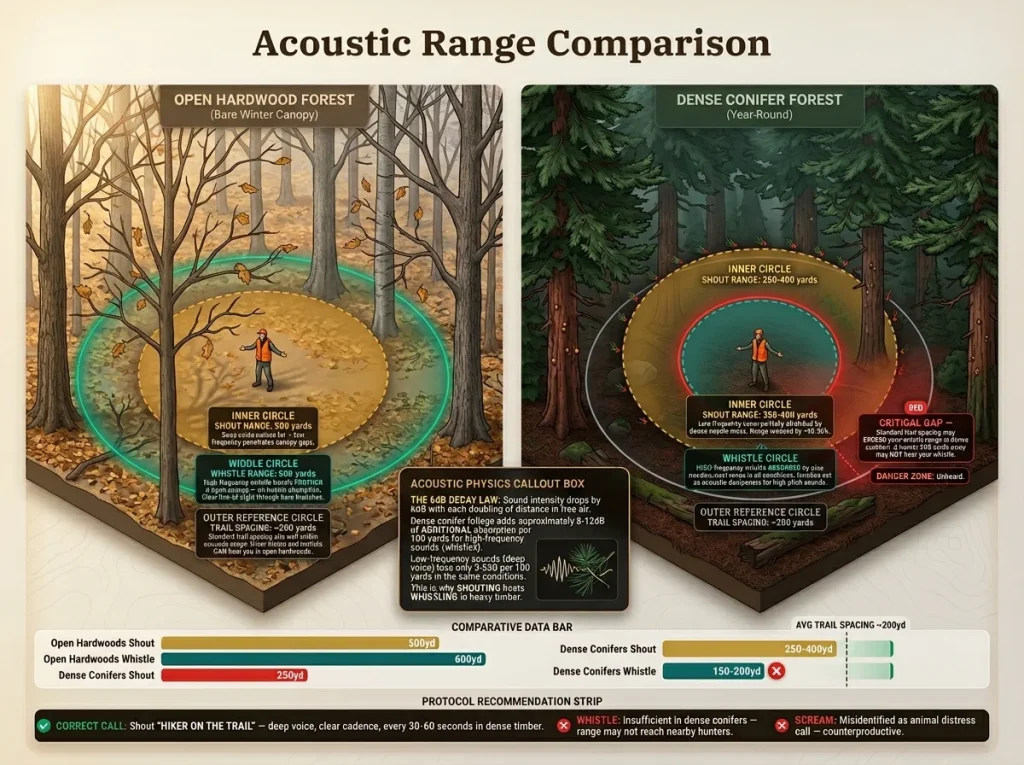 Infographic showing shout and whistle effective range in open hardwoods vs dense conifers with trail spacing reference