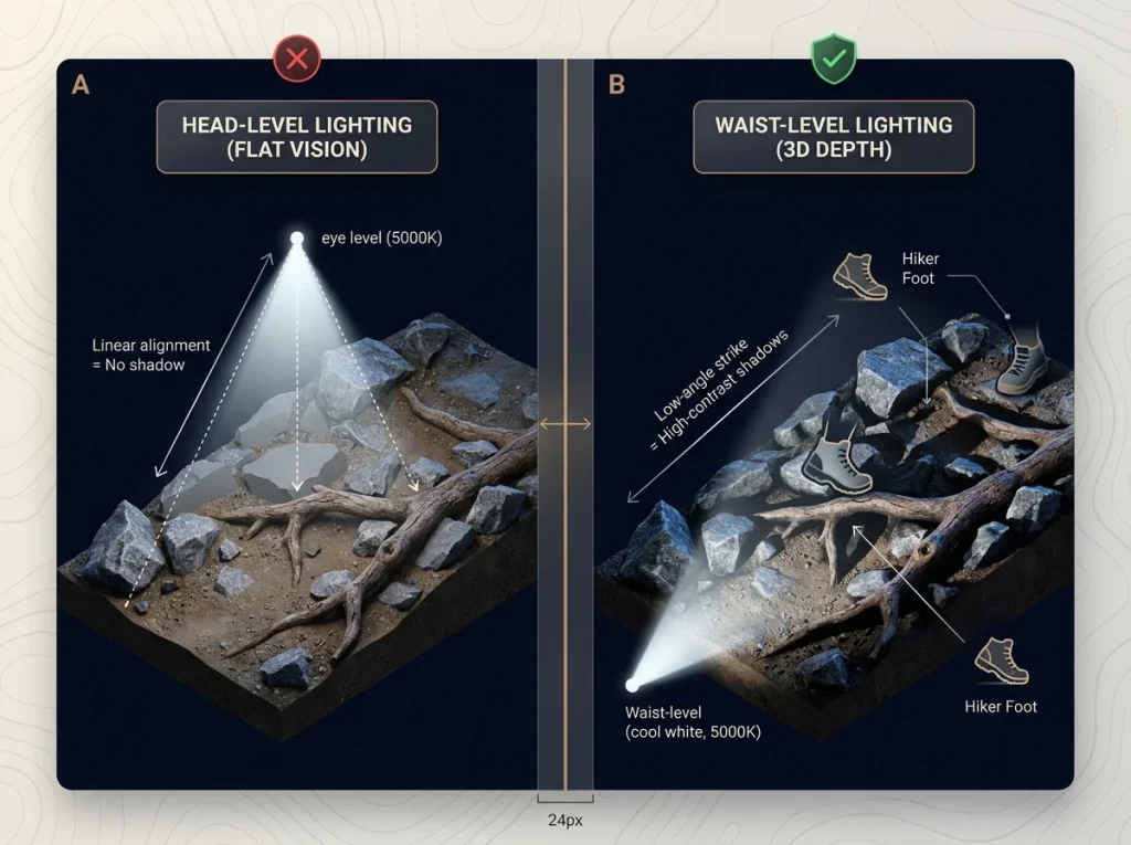 Infographic comparing headlamp lighting vs waist-level lighting showing depth perception through trail shadows