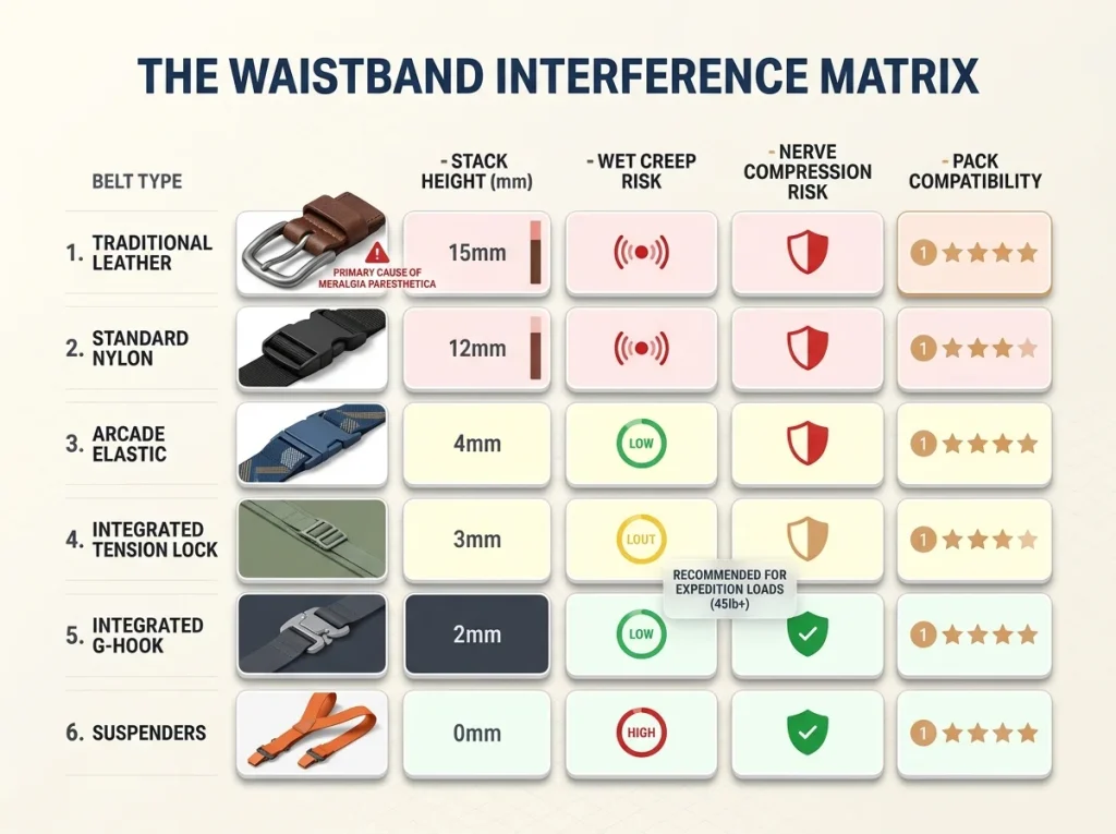 Infographic matrix comparing hiking belt types by stack height, creep risk, nerve compression, and pack compatibility