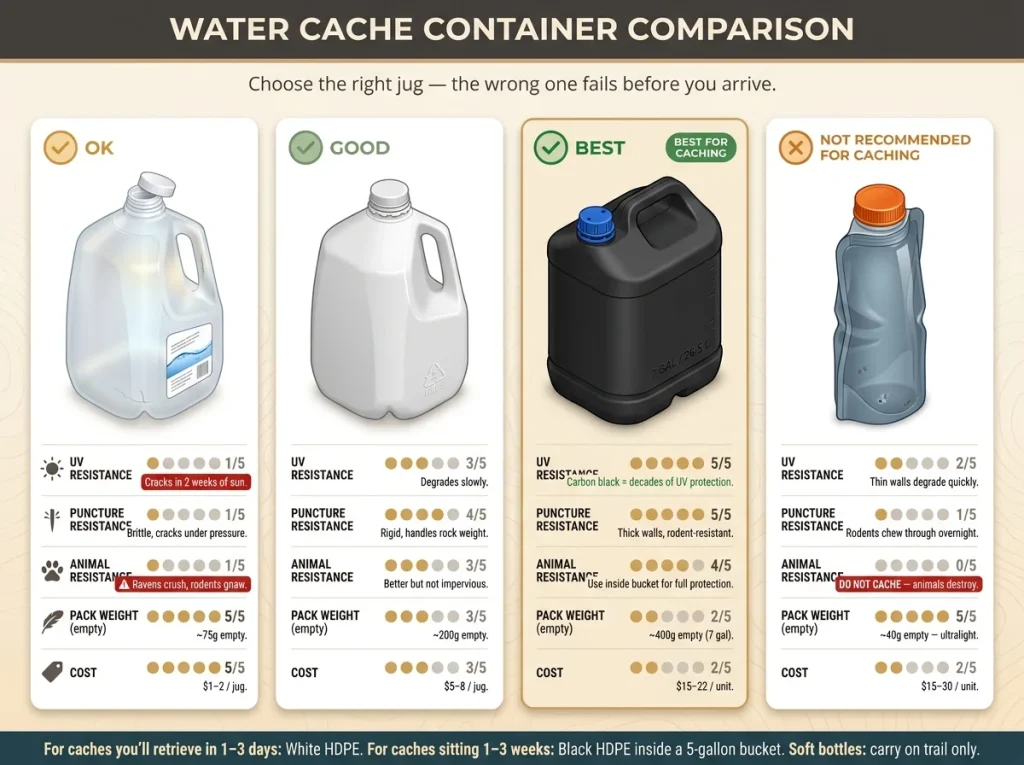 Infographic comparing 4 water cache containers with icon ratings for UV resistance, puncture resistance, animal resistance, weight, and cost