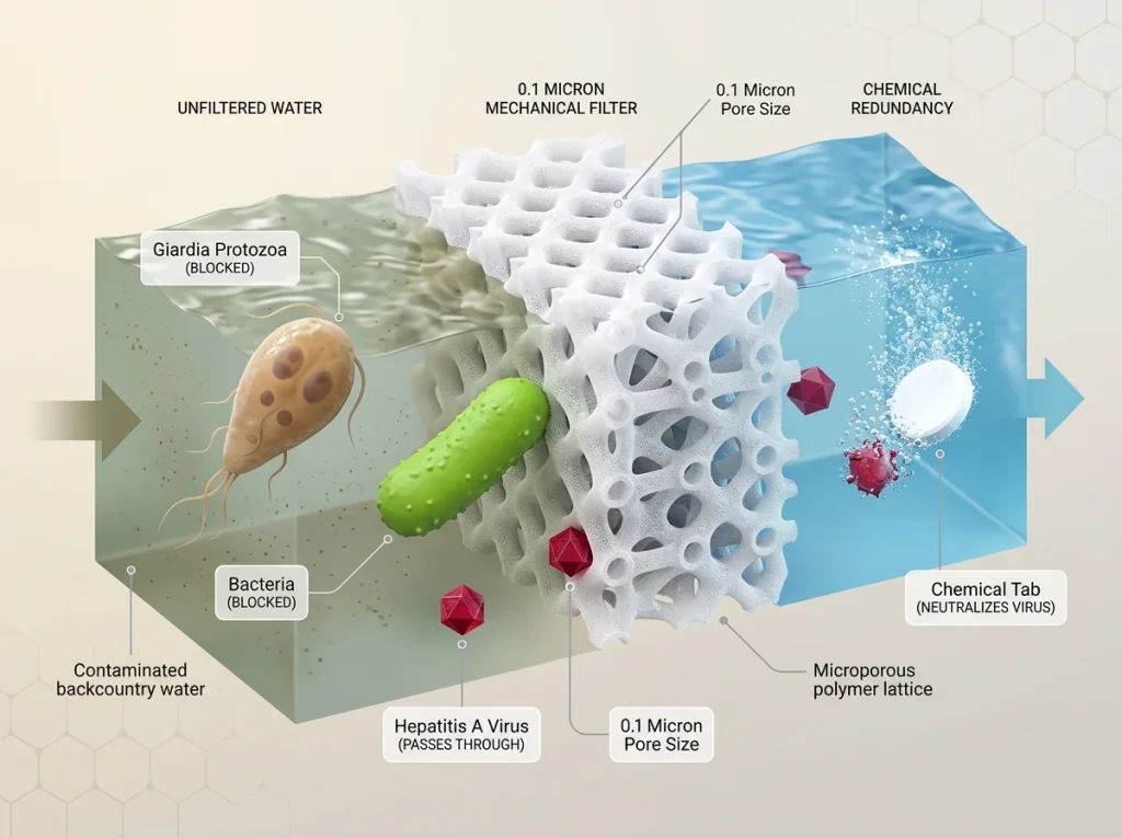 Infographic showing water filter mechanics blocking Giardia and bacteria while Hepatitis A virus passes through to a chemical tab