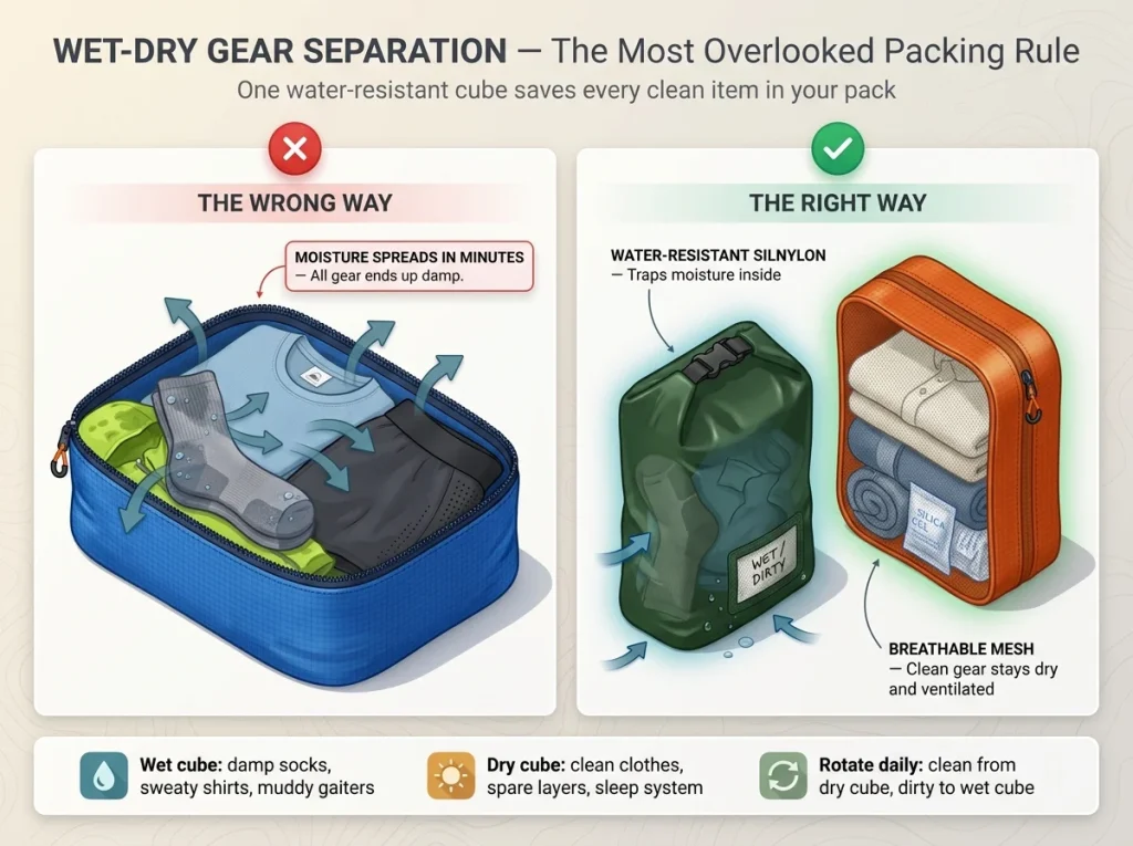 Infographic showing incorrect vs correct packing cube separation for wet and dry gear with moisture flow arrows and examples