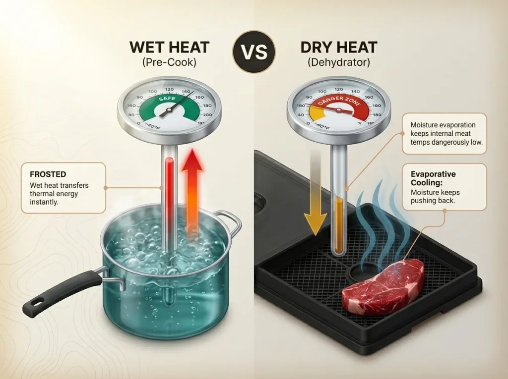 Infographic showing dual-temperature thermometer comparing rapid wet heat pathogen destruction versus slow dry dehydrator heating