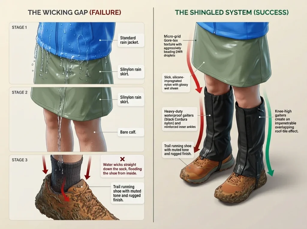 Infographic showing the double-drip wicking gap flaw of rain skirts dumping water onto socks versus a shingled gaiter protective system