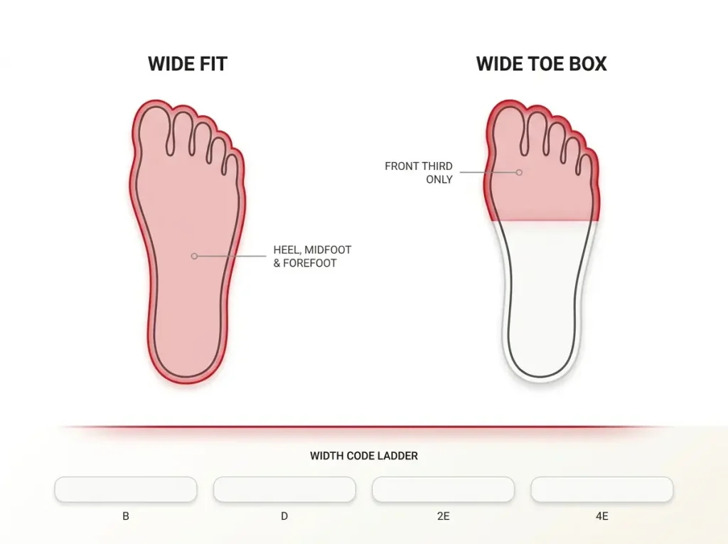 Diagram showing wide fit vs wide toe box zones on a foot outline with B/D/2E/4E width code ladder