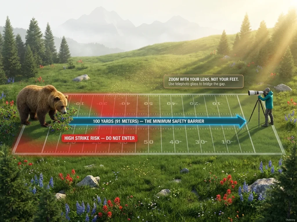 Infographic comparing 100-yard wildlife safety distance to a football field scale with bear and photographer placement.