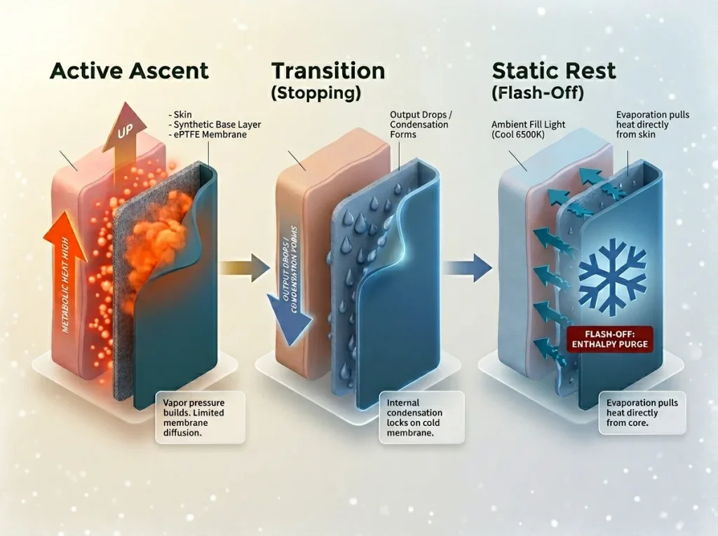 Infographic showing the flash-off effect in 3 phases with garment layers, vapor pressure, and thermal loss during winter hiking