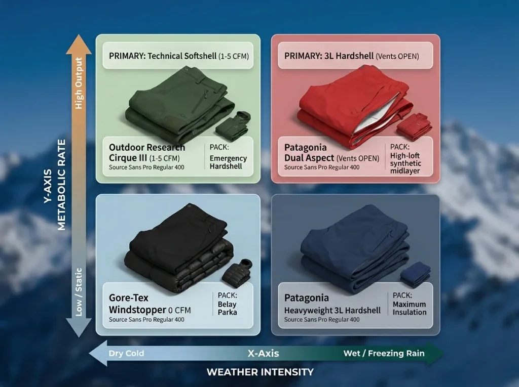 Infographic showing a 2x2 matrix for winter hiking shell recommendations based on metabolic rate and weather intensity