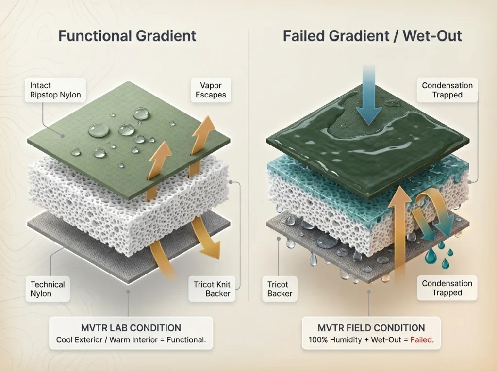 Infographic showing waterproof-breathable membrane cross-section comparing functional lab conditions versus real-world wet-out failure