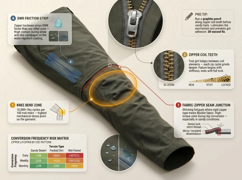 Infographic showing 4 stress points on zip-off hiking pants with labeled failure zones, zipper wear patterns, and DWR friction strip