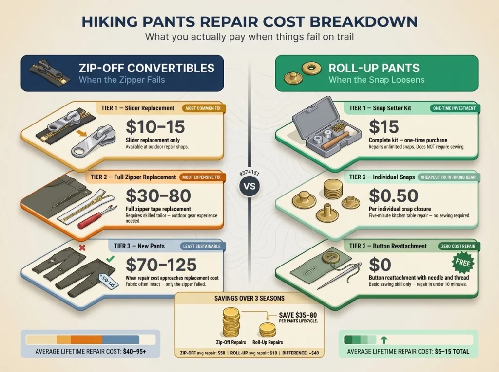 Infographic comparing zip-off vs roll-up hiking pants repair costs with labeled price tiers, tools, and total ownership savings