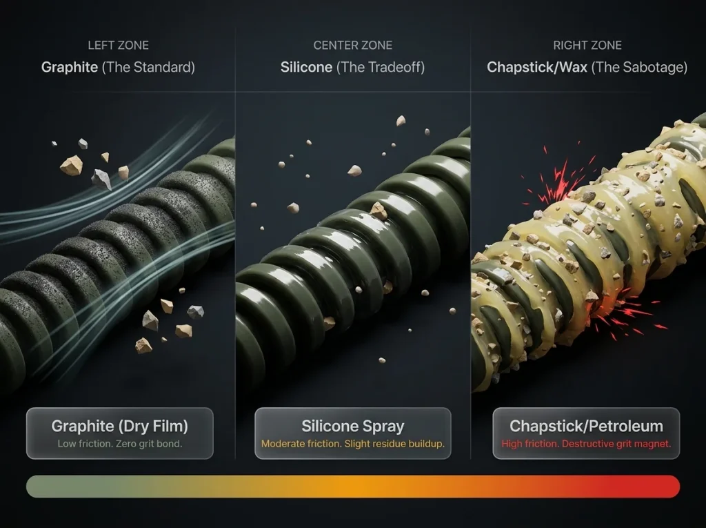 Infographic showing a spectrum of zipper lubricants from clean graphite to gummy Chapstick with micro-level illustrations of grit bonding