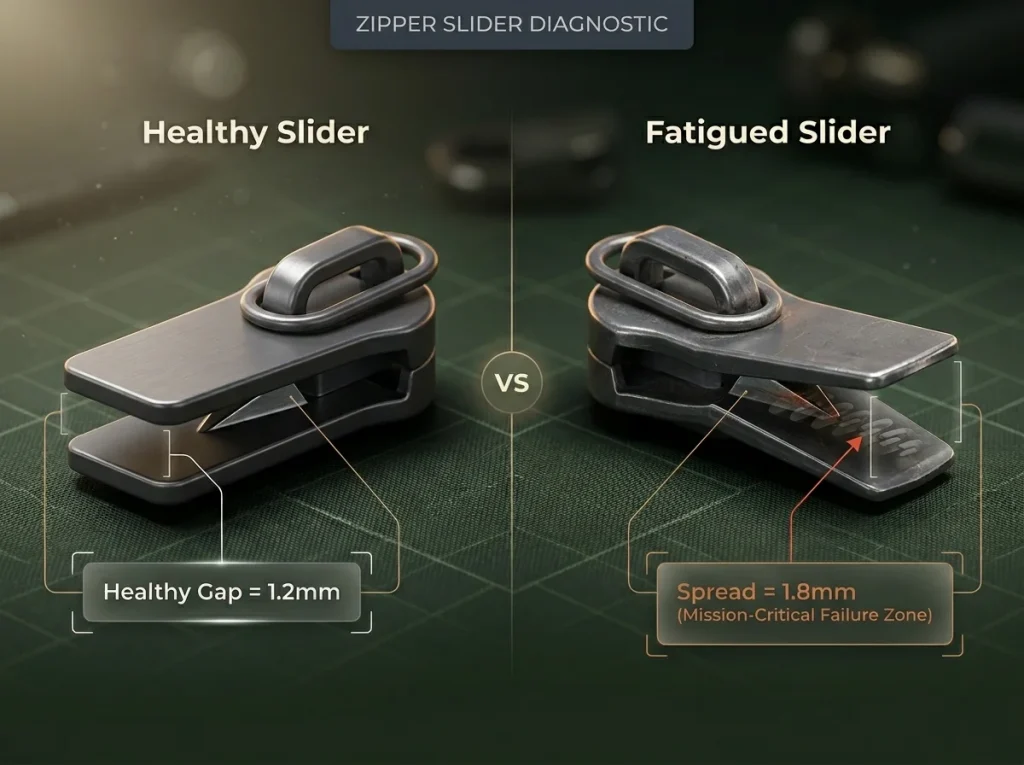 Infographic comparing side views of a healthy tent zipper slider with 1.2mm gap and a fatigued spread slider with 1.8mm gap losing track contact