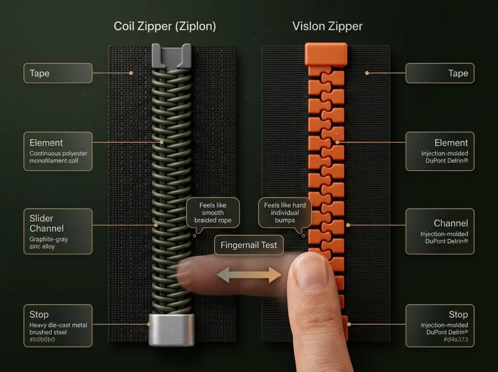 Infographic comparing side-by-side macro overhead views of a coil tent zipper and a Vislon molded tooth zipper with anatomy labels