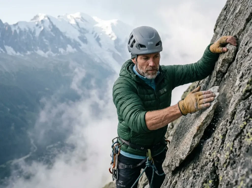 Mountaineer striking a rock flake with his palm heel to perform the acoustic stability test.