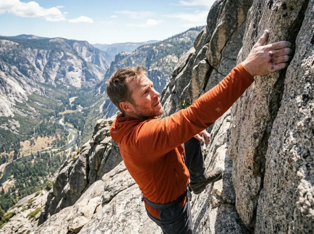 Male climber scrambling rocks demonstrating breathability of active insulation.